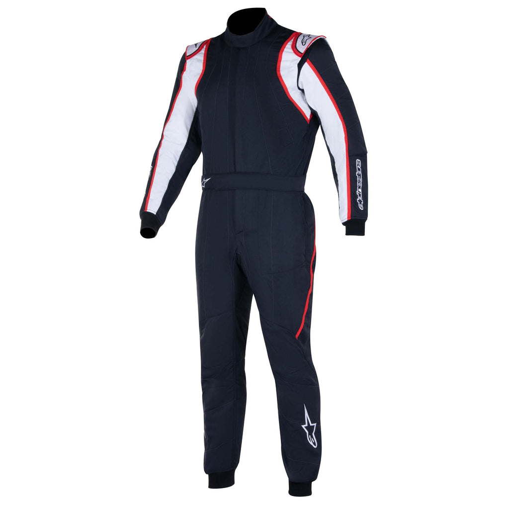 Navy racing suit with high neck, white sleeves, and red piping