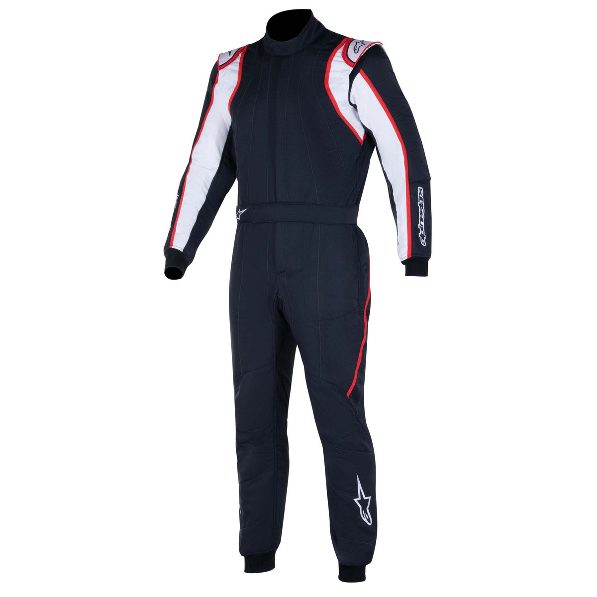 Navy racing suit with high neck, white sleeves, and red piping