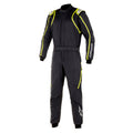Black racing suit with high neck and yellow contrast panels