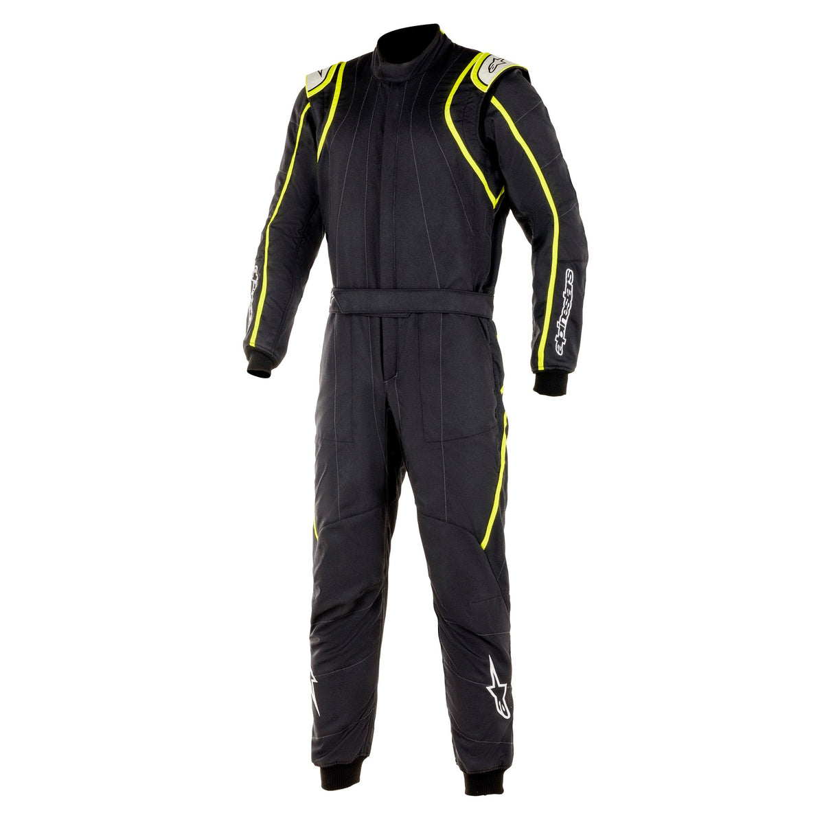 Black racing suit with high neck and yellow contrast panels