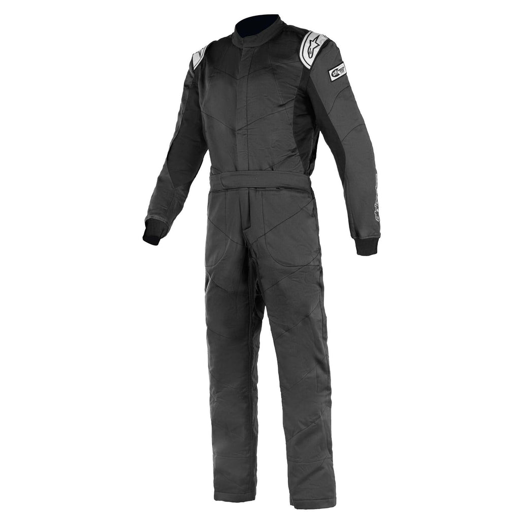 Mens racing suit, black with white logo details, zip front and protective padded panels