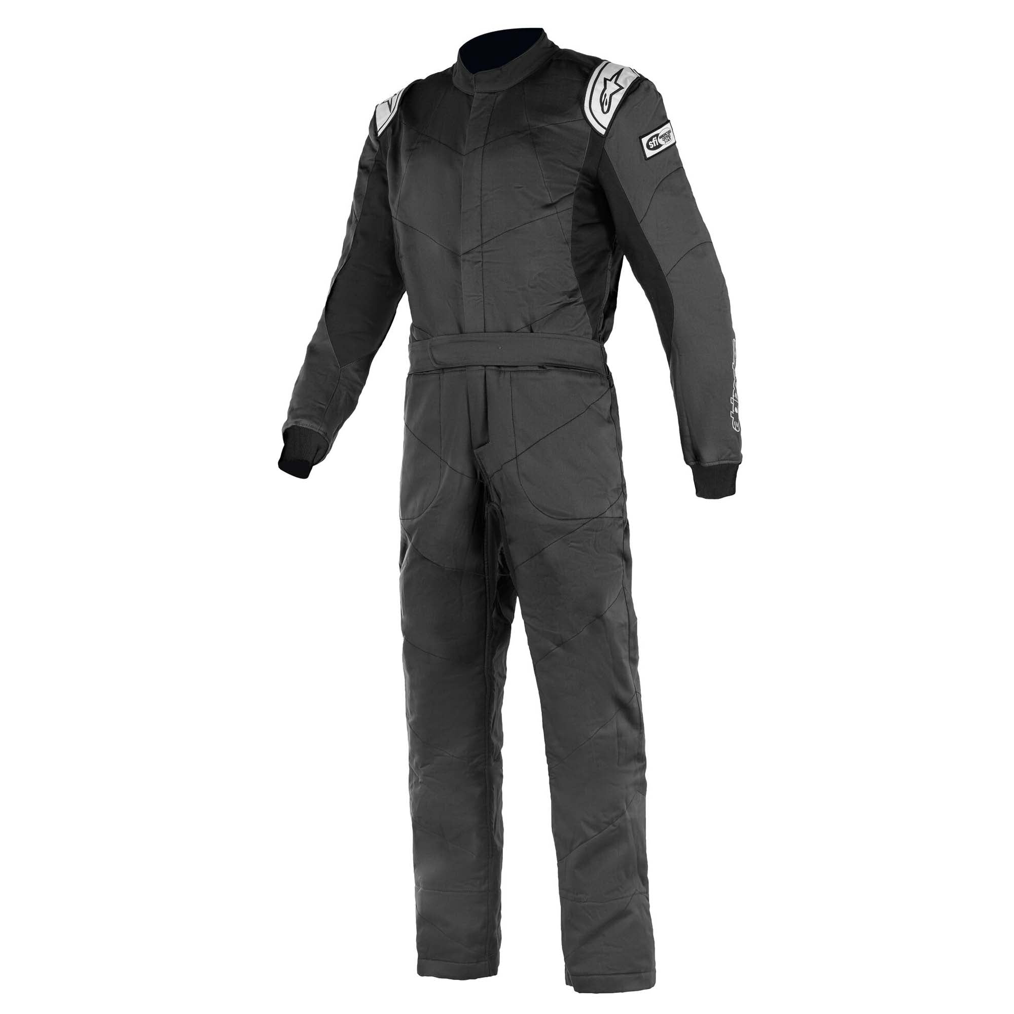 Mens racing suit, black with white logo details, zip front and protective padded panels
