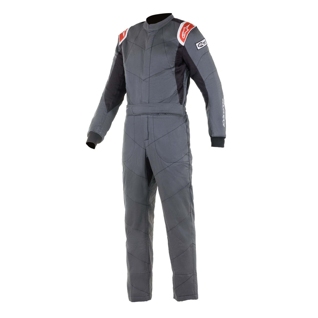 Mens racing suit, dark gray with red shoulder accents, zip front and full-length pants