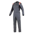 Dark gray motorcycle armored one-piece suit with front zipper and panel stitching