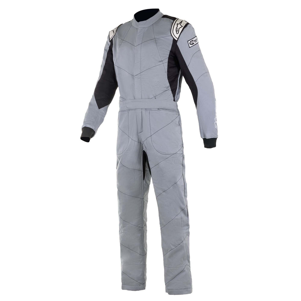 Mens racing suit, light gray with black sleeve panels, zip front and full-length legs