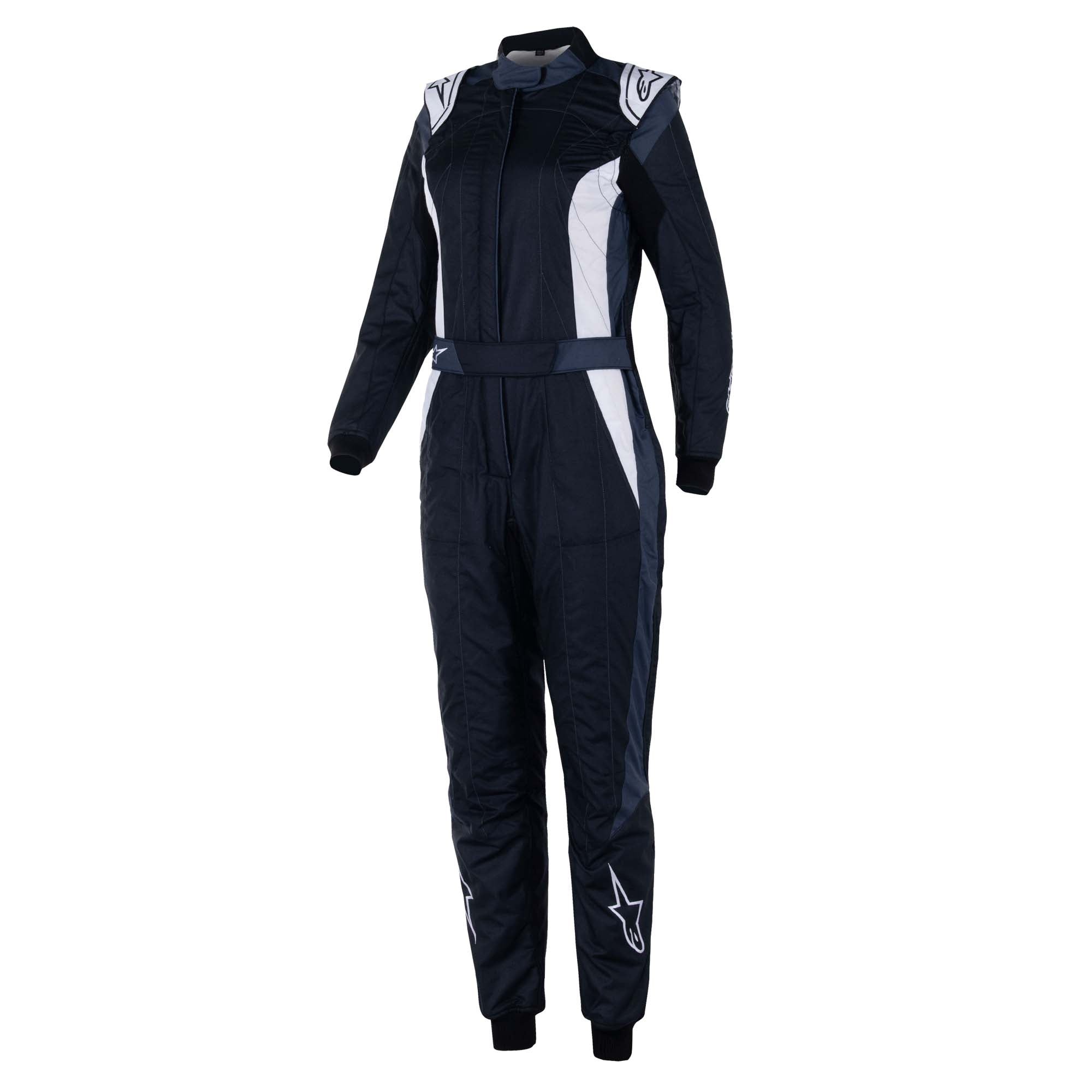 Women’s fire-resistant racing suit in dark black with white and purple panel accents