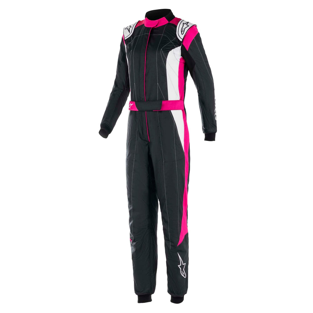 Women’s fire-resistant racing suit in black with bright pink side and chest panels