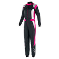 Women’s fire-resistant racing suit in black with bright pink side and chest panels