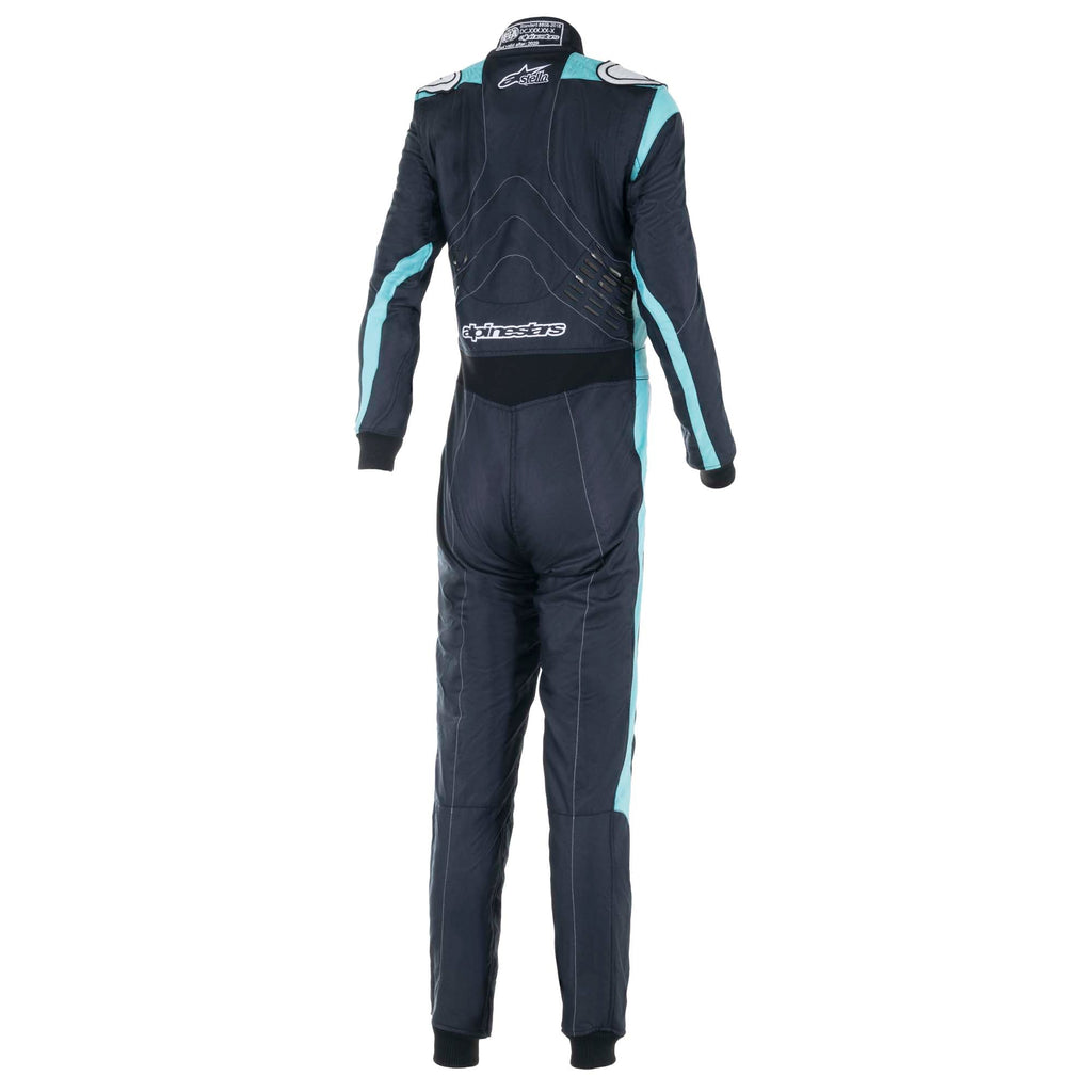 Women’s fire-resistant racing suit in dark black with teal panel details on sleeves and legs