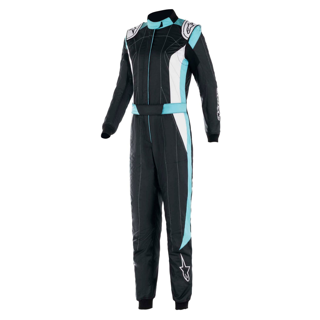 Women’s fire-resistant racing suit in black with light blue side panel accents