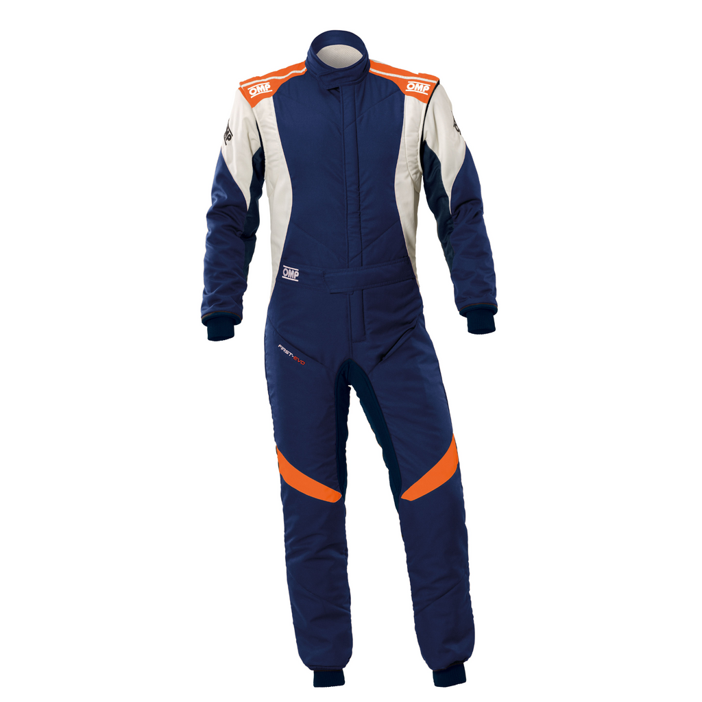 Navy racing suit with white side panels and orange accents, full-body zip front.