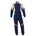 Navy racing suit with white side panels and orange accents, full-body zip front.