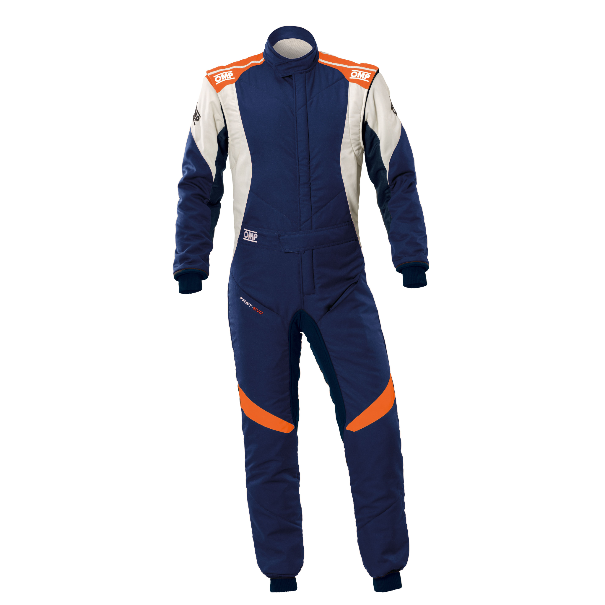 Navy racing suit with white side panels and orange accents, full-body zip front.
