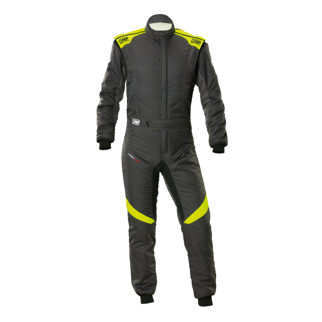 Dark grey racing suit with black sections and neon yellow accents, full-body zip front.
