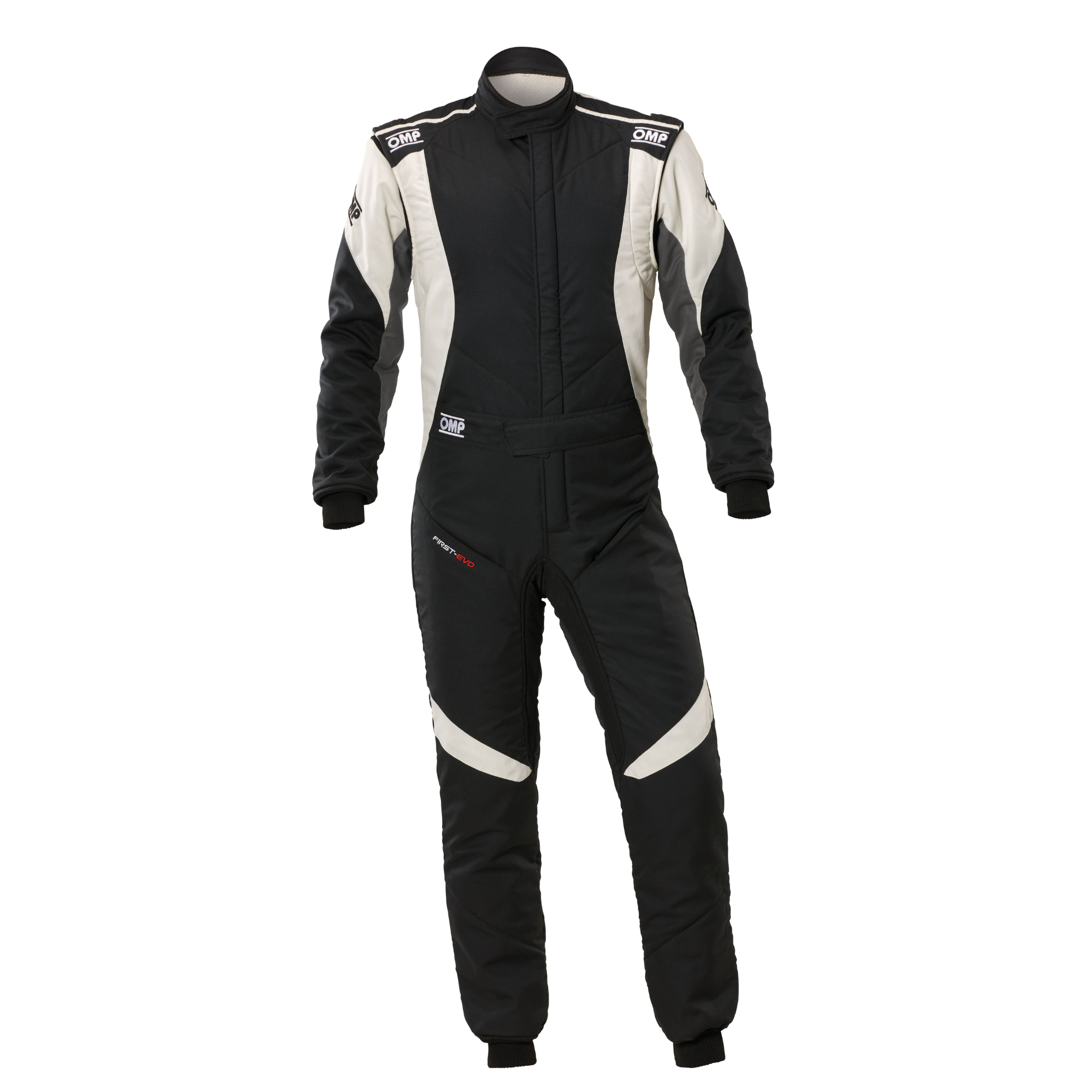 Black racing suit with white side panels and trim, full-body zip front.