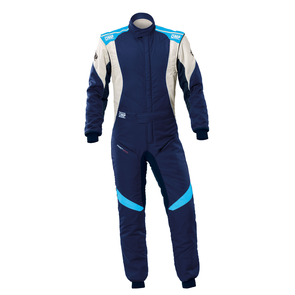 Navy racing suit with white panels and cyan accents, full-body zip front.