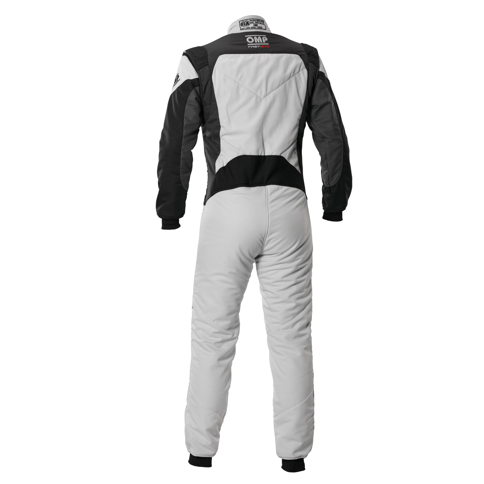 White racing suit with black back and shoulder panels, full-length zip front.