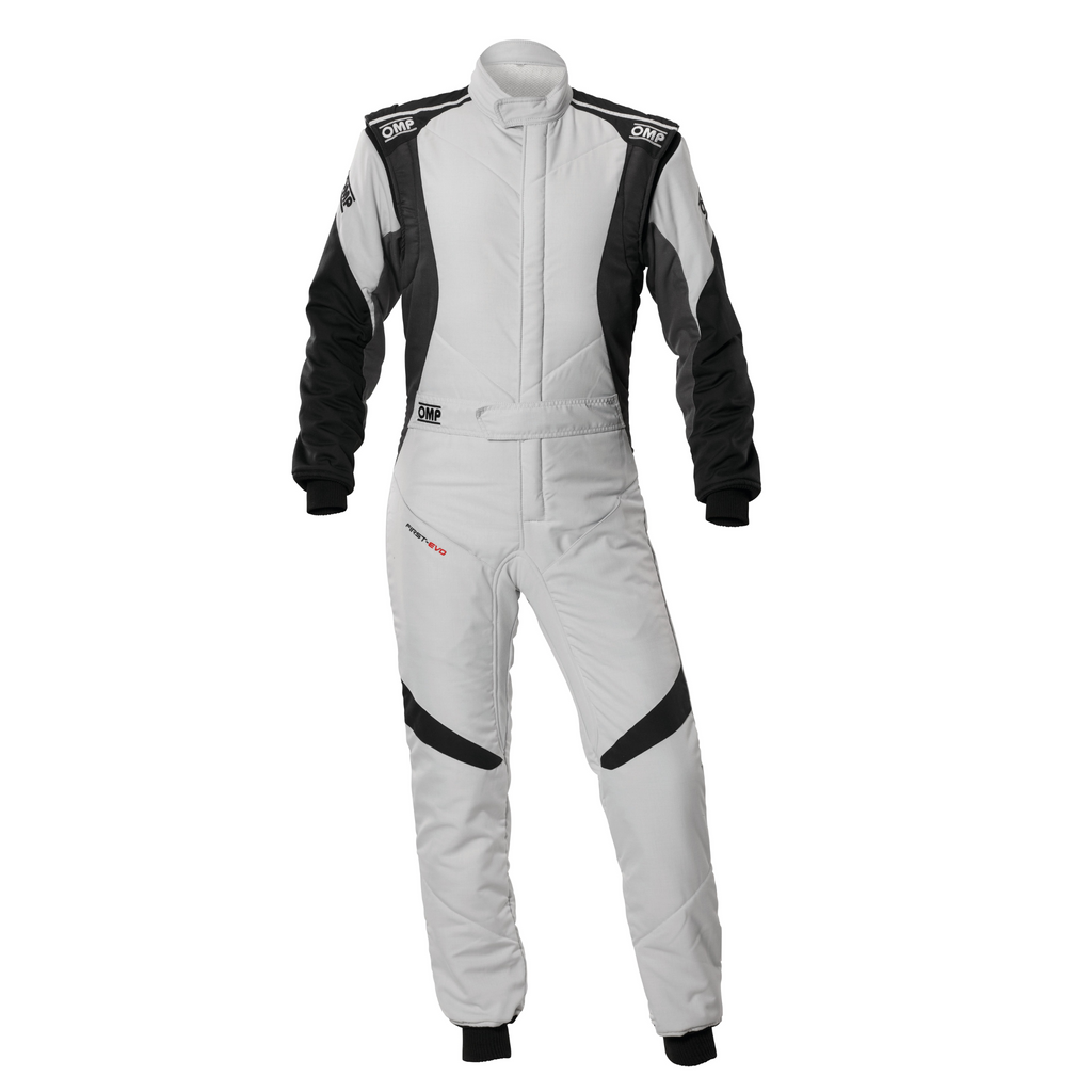 White racing suit with black panels and trim, full-body zip front.