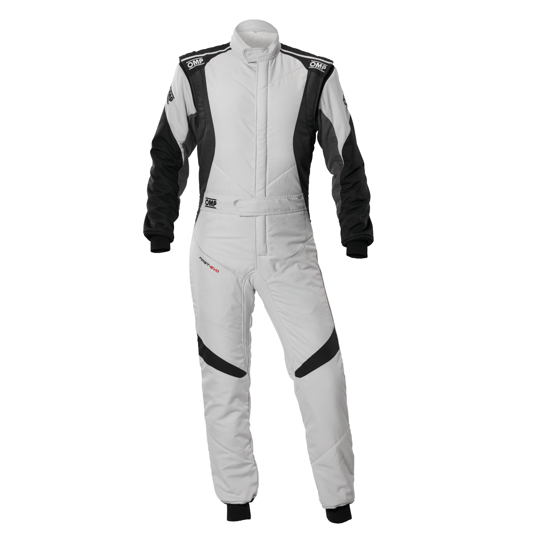 White racing suit with black panels and trim, full-body zip front.