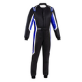 Black racing suit with blue and white side panels, Sparco logo