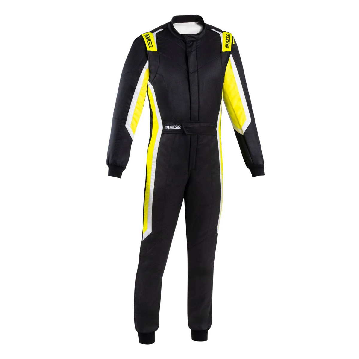 Black racing suit with yellow and white side panels, Sparco logo