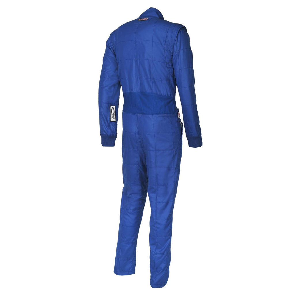 Blue racing suit, back view with high collar and full-length pants