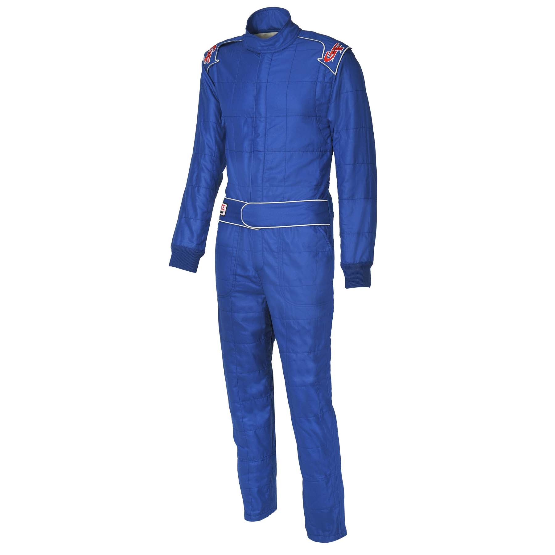 Blue racing suit with high collar, belt-like waist stripe, front view