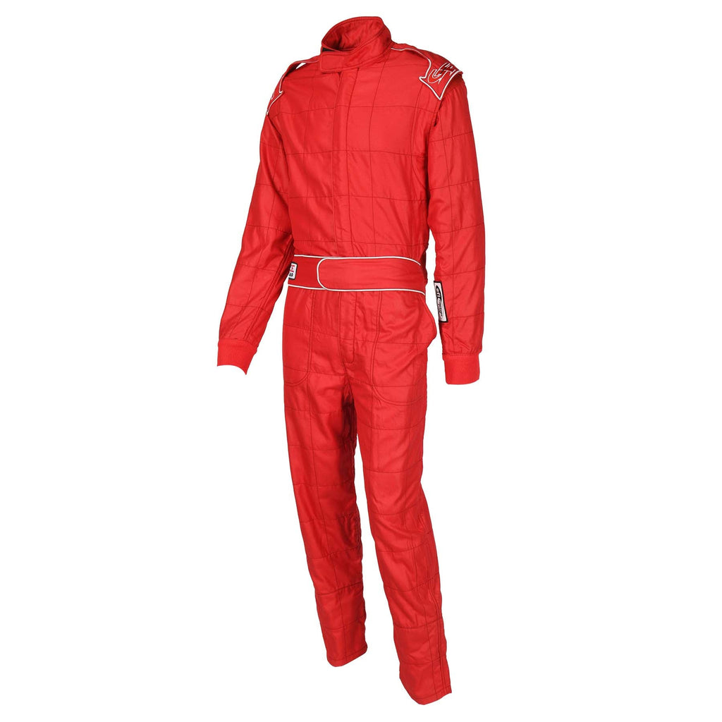 Red racing suit with high collar, long sleeves, white waist stripe, front view