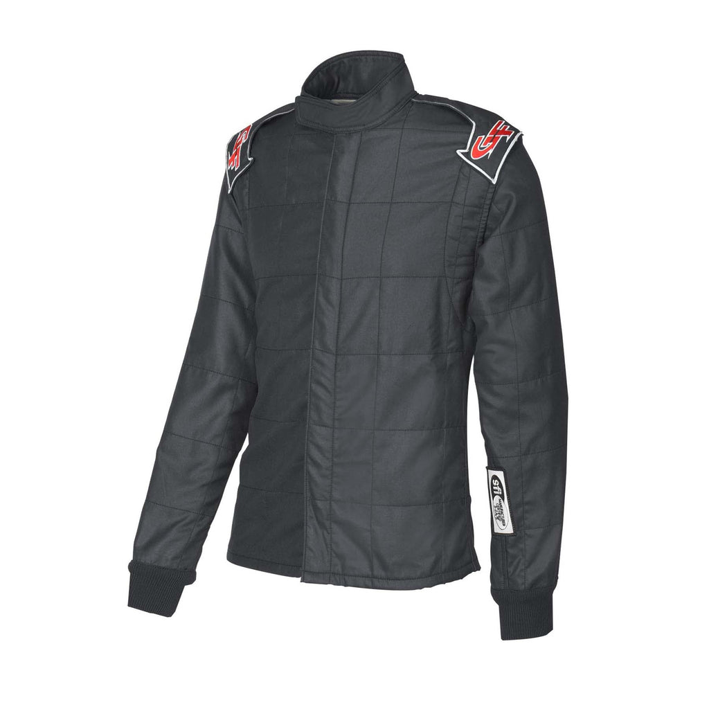 Black hooded racing jacket with quilted panels, front zipper, and sleeve logo patch