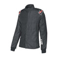 Black hooded racing jacket with quilted panels, front zipper, and sleeve logo patch