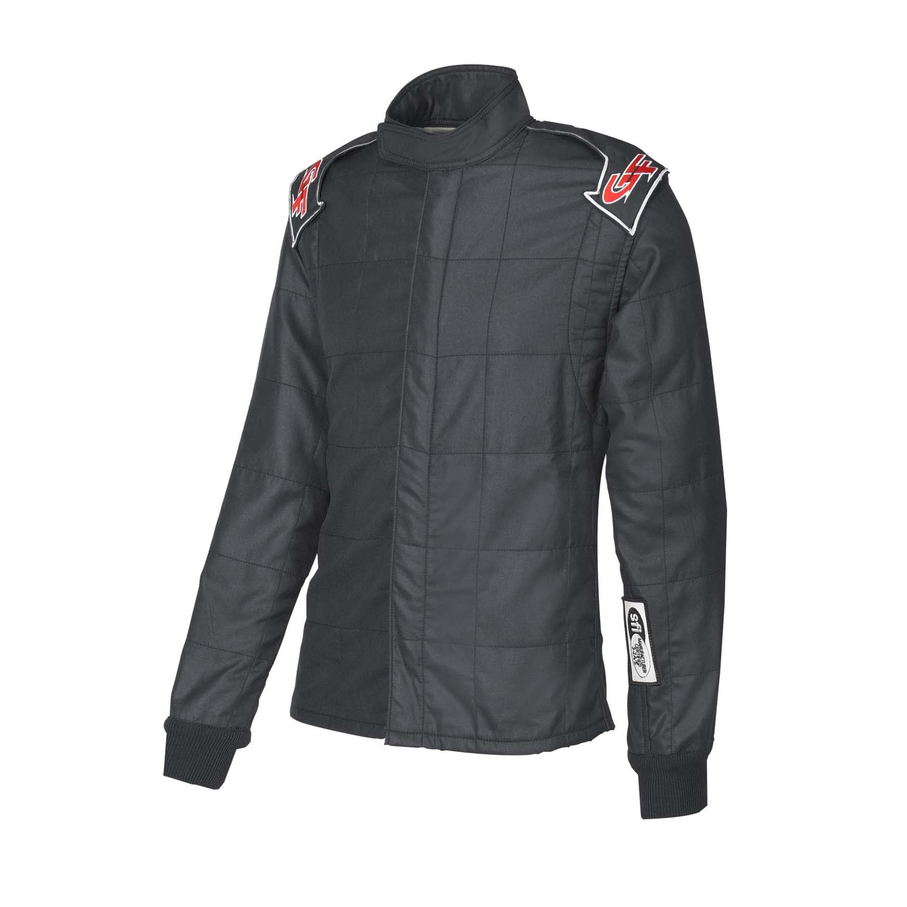 Black hooded racing jacket with quilted panels, front zipper, and sleeve logo patch