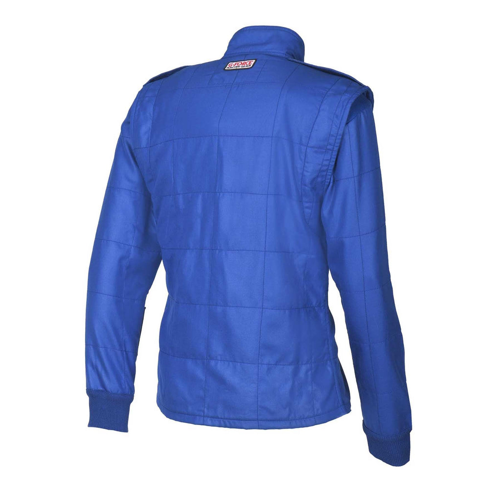 Blue hooded racing jacket back view with quilted paneling and logo detail
