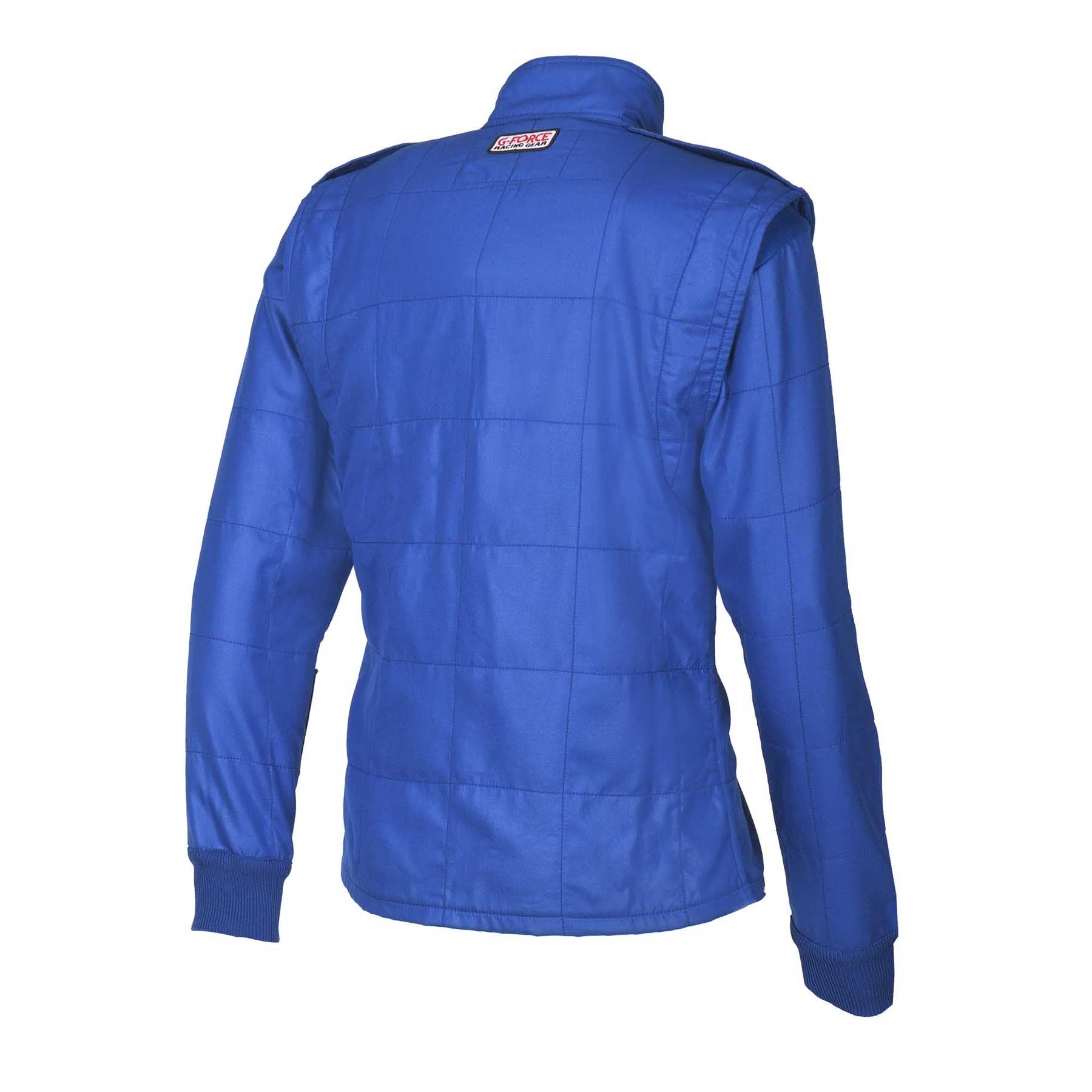 Blue hooded racing jacket back view with quilted paneling and logo detail