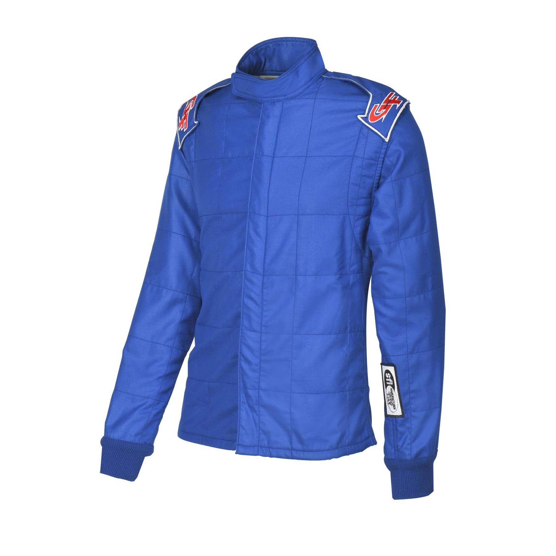 Blue hooded racing jacket with quilted panels, front zipper, and logo patches