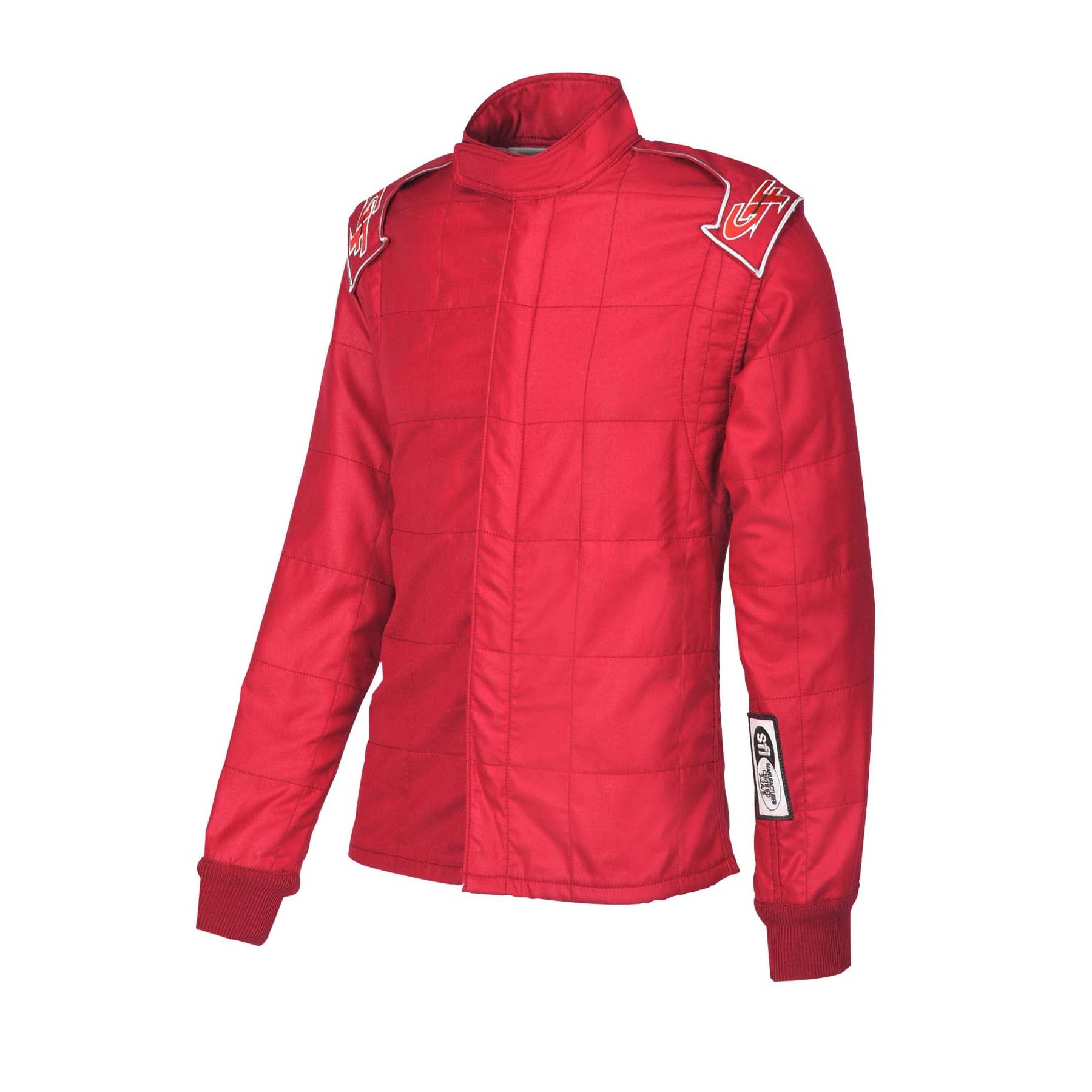 Red hooded racing jacket with quilted panels, front zipper, and shoulder logo patches