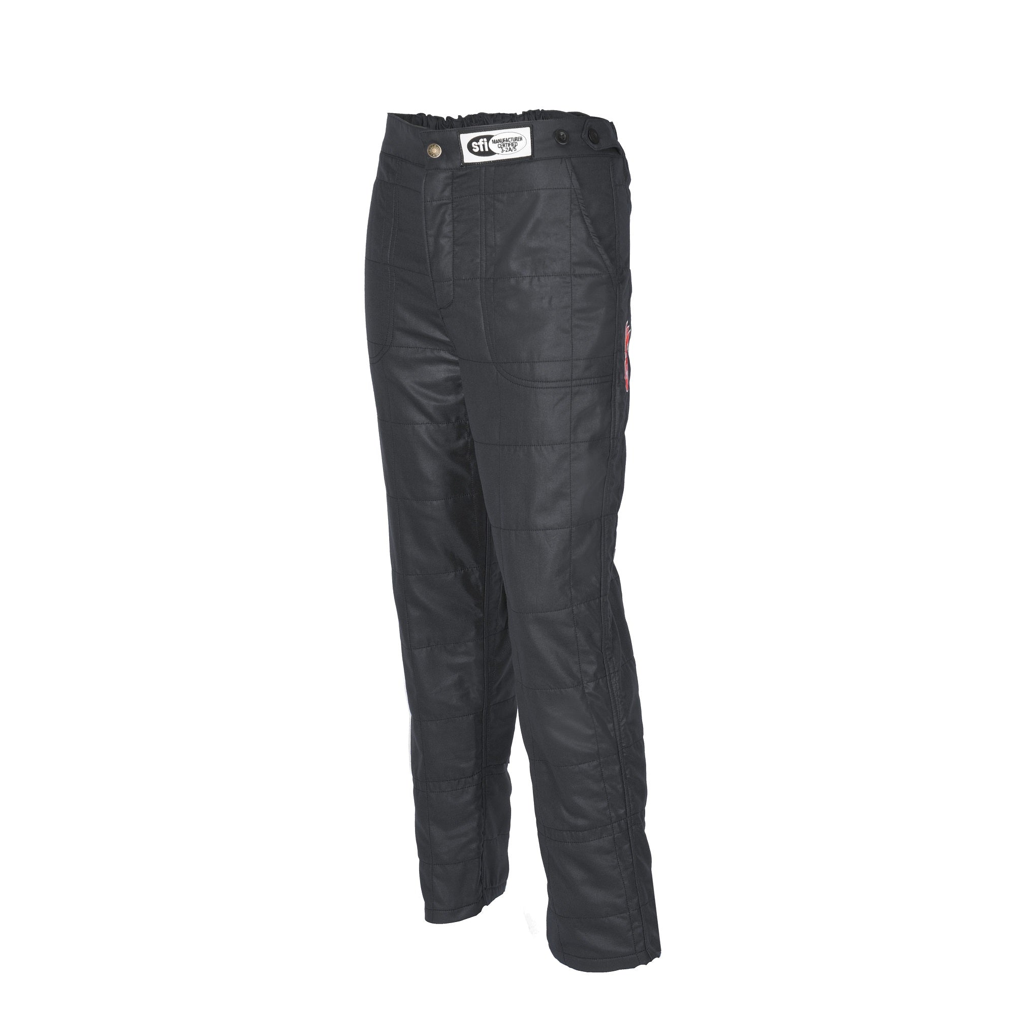 Black racing pants with zip fly, belt loops, and cargo-style pockets