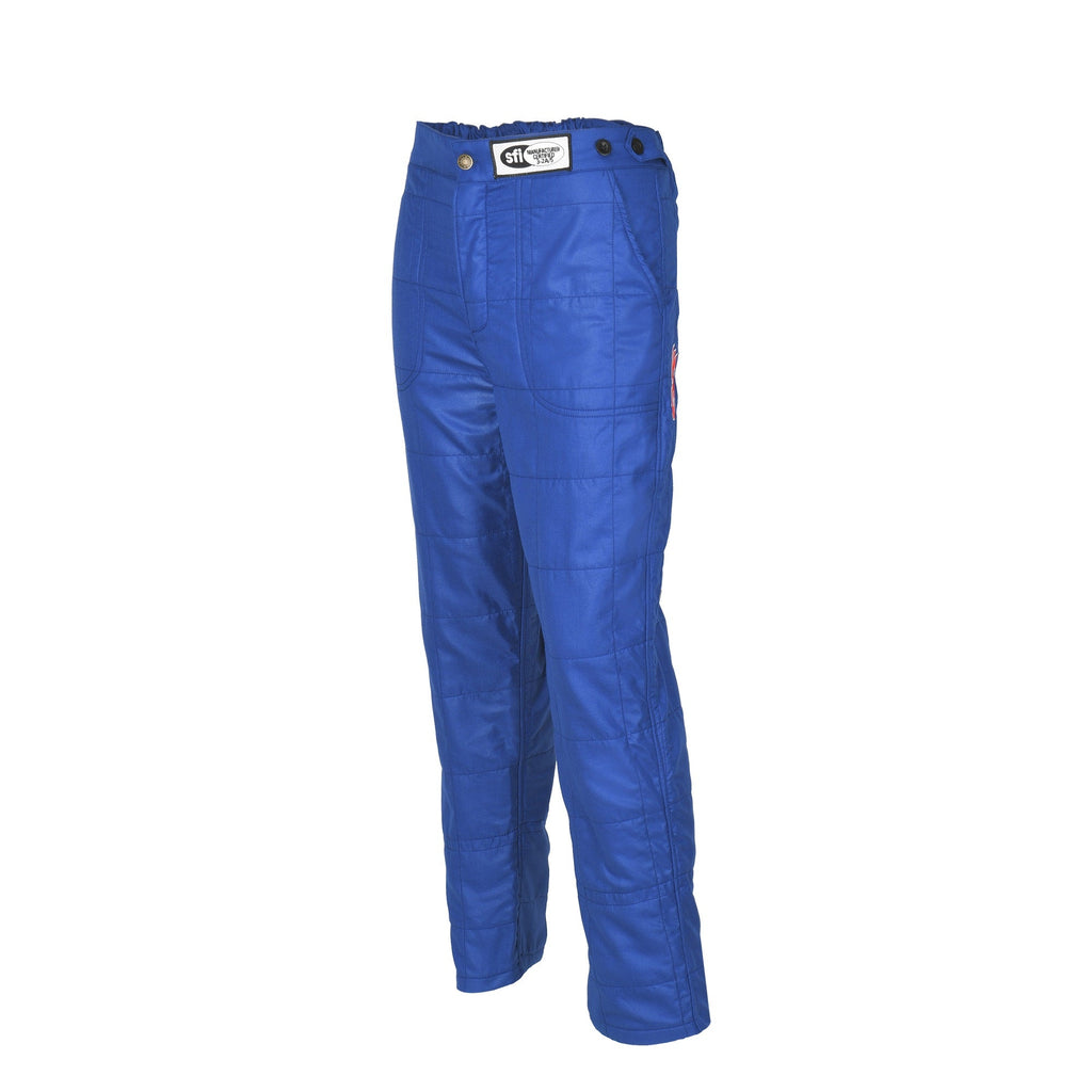 Blue racing pants with zip fly, belt loops, and cargo-style pockets
