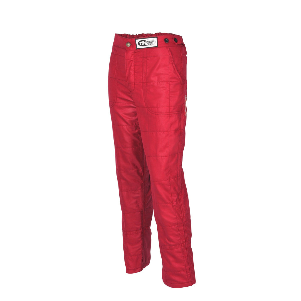 Red racing pants with zip fly, belt loops, and cargo-style pockets