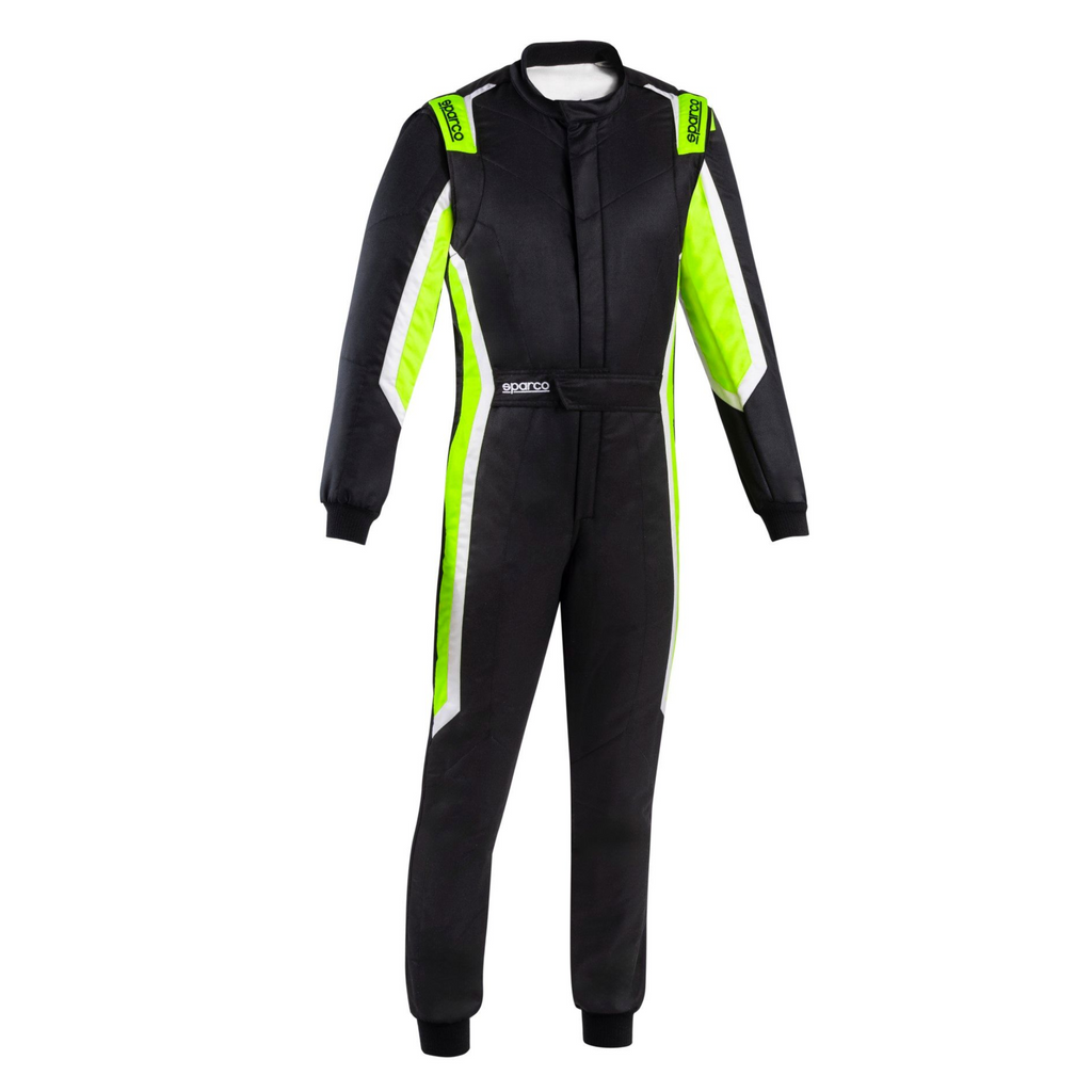 Black racing suit with neon green and white side panels, Sparco logo