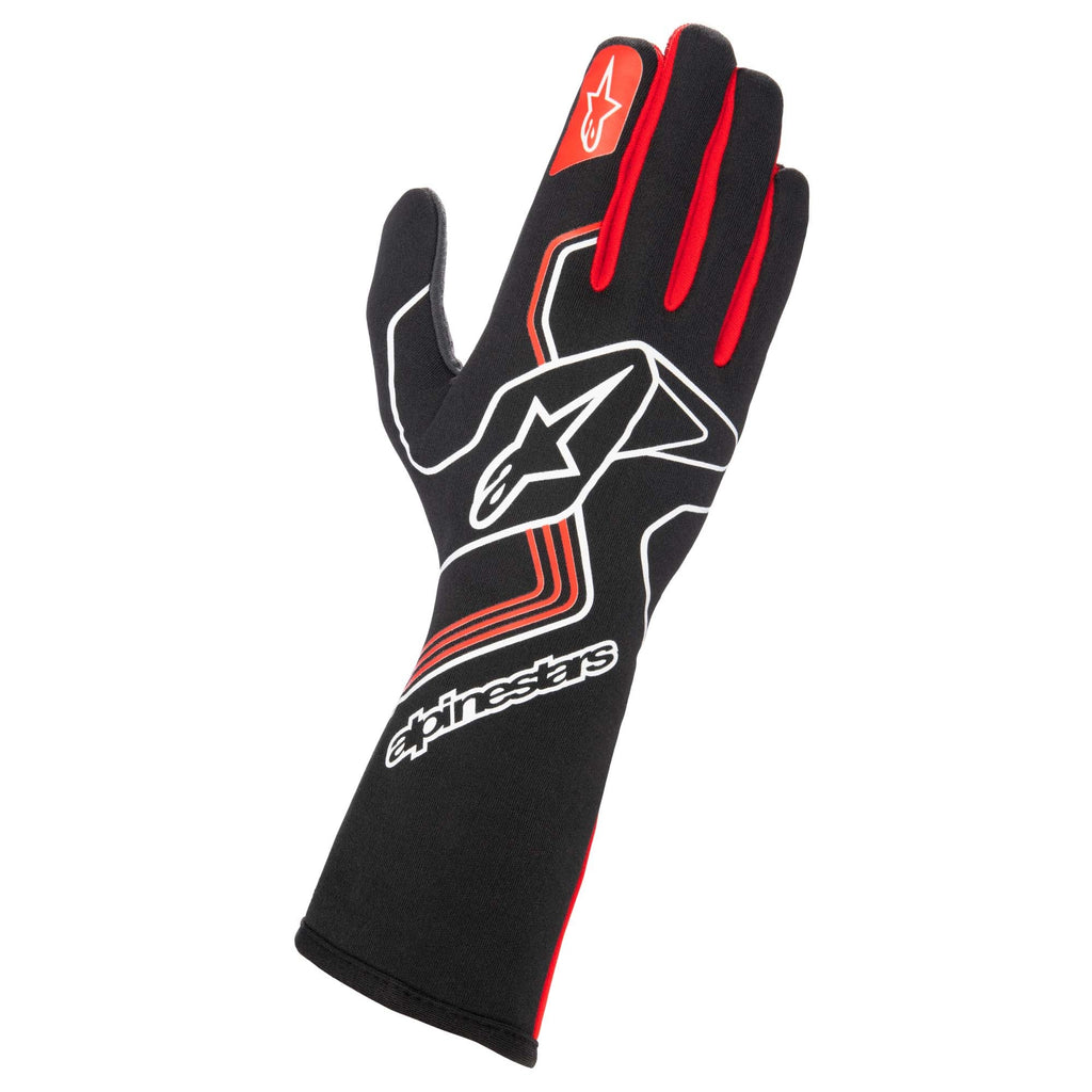 Alpinestars racing gloves, black with red trim and white logo graphics