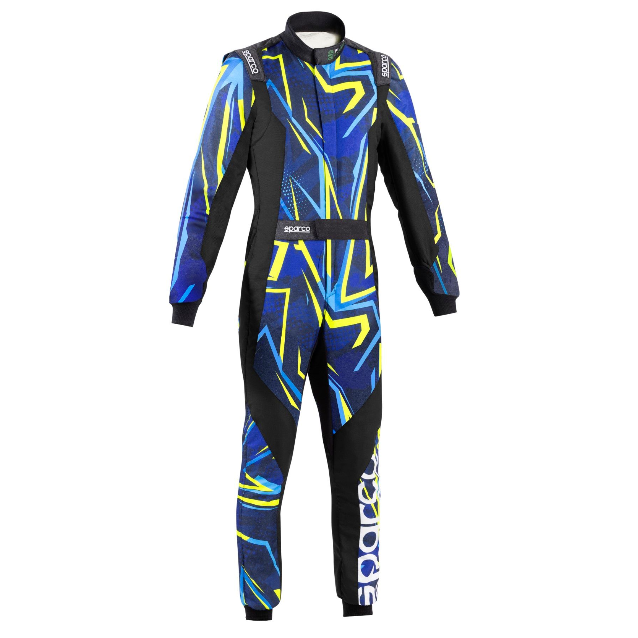 Sparco racing suit, black with blue and yellow geometric panels, full-body one-piece