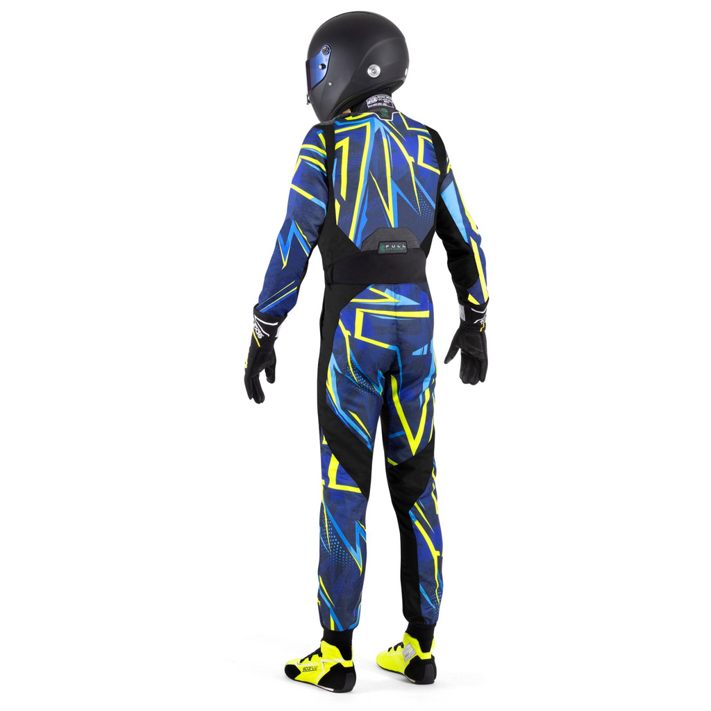 Sparco racing suit, black with blue/yellow geometric panels, rear view, one-piece