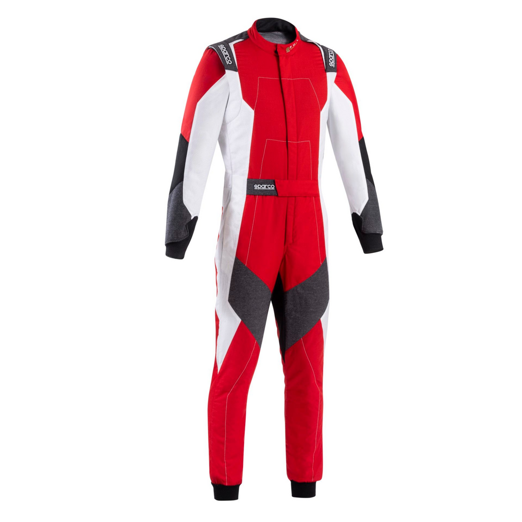Red and white racing suit with black accents, full-length zip and Sparco logo