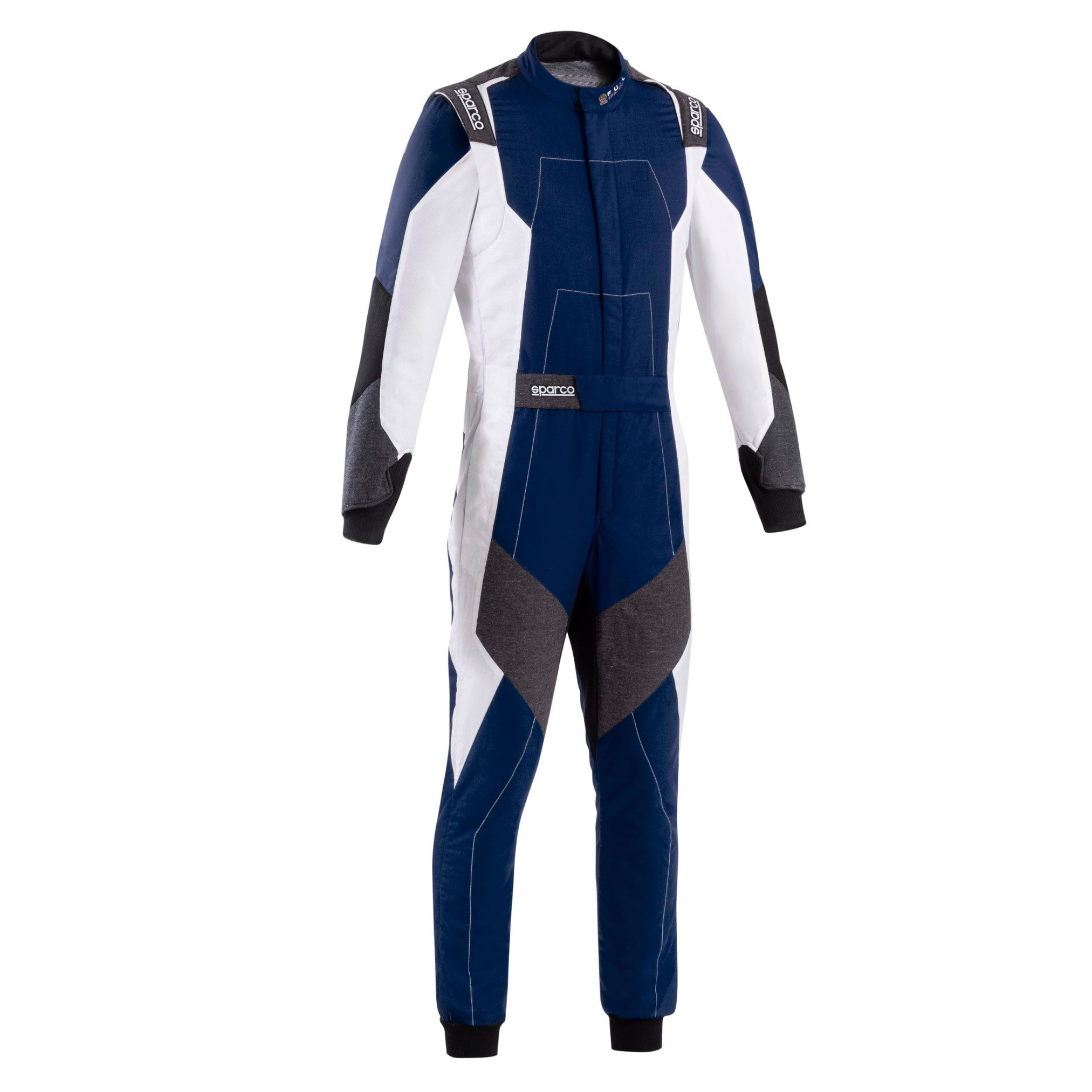 Navy and white racing suit with black accents, full-length zip and Sparco logo