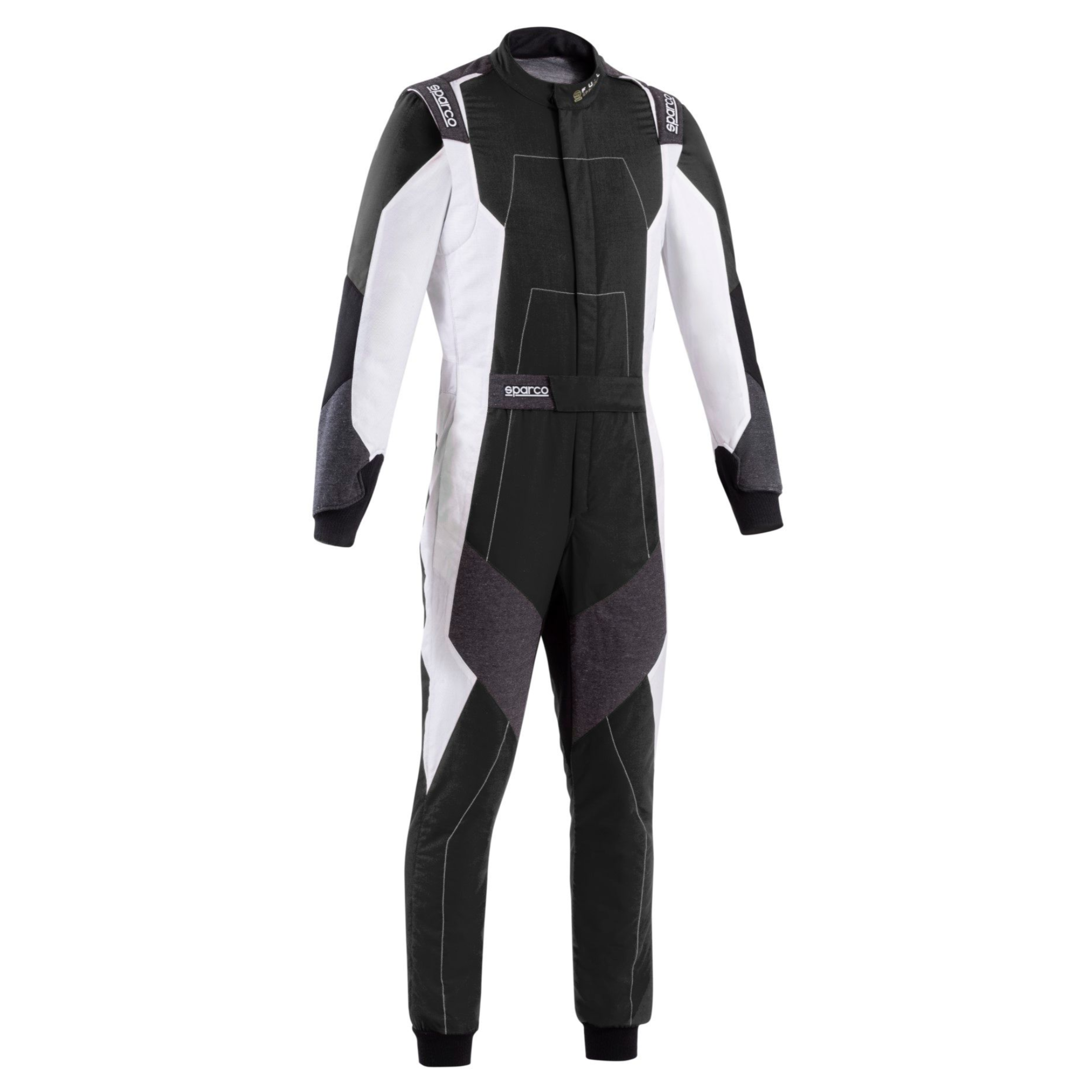 Black and white racing suit with gray panels, full-length zip and Sparco logo