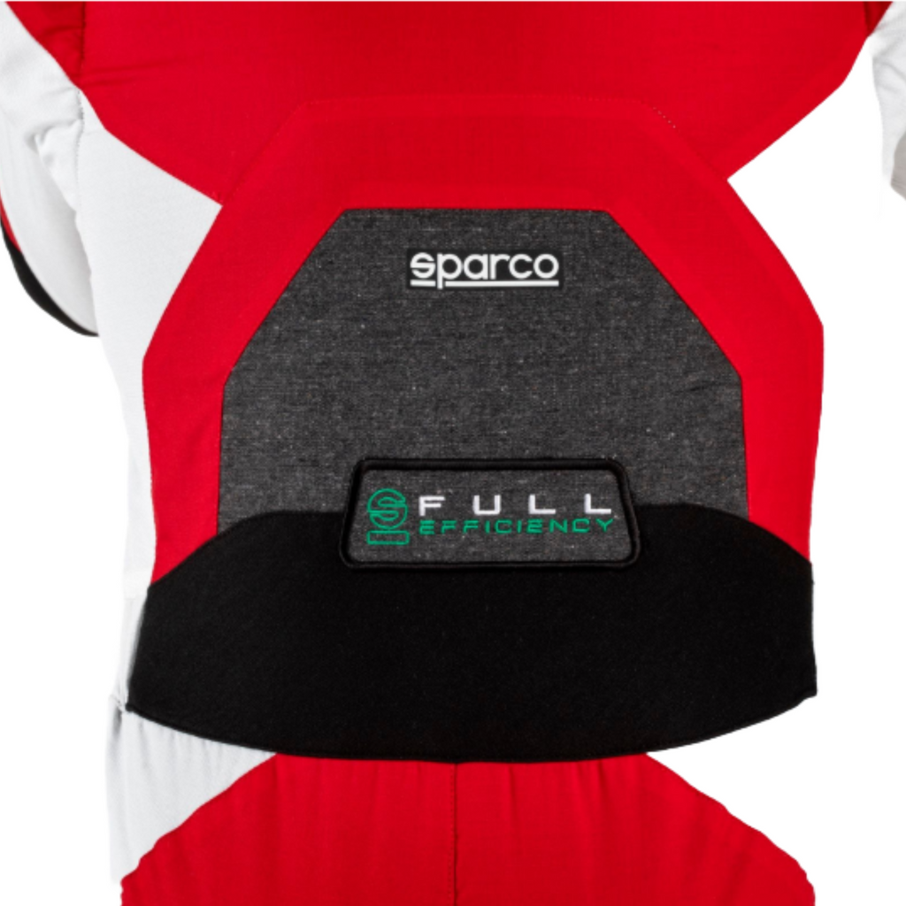 Red racing suit back with Sparco label and Full Efficiency patch on black insert