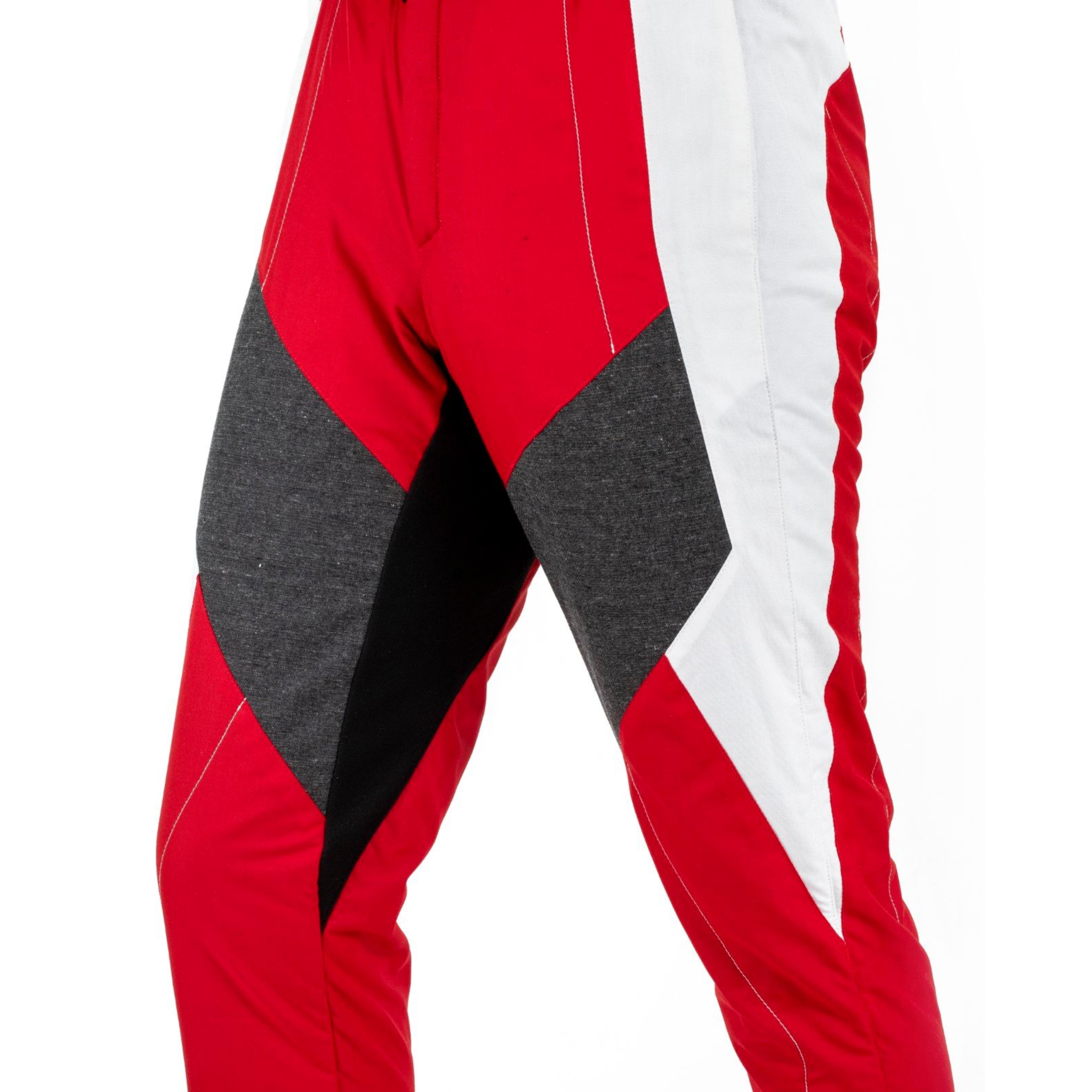 Red racing suit pants with white side panels and gray diagonal fabric inserts