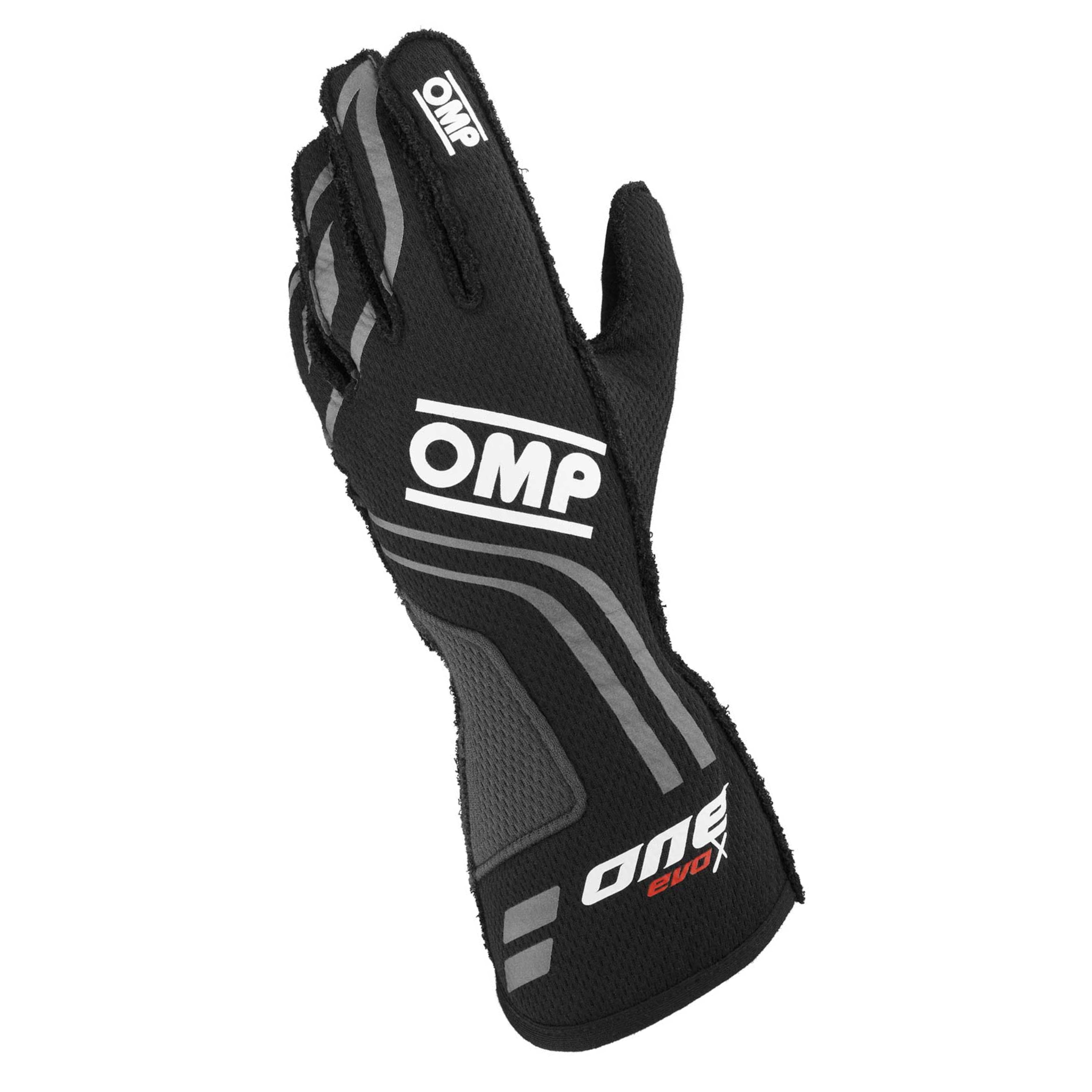 Black OMP racing glove with OMP One Evo X branding and textured grip
