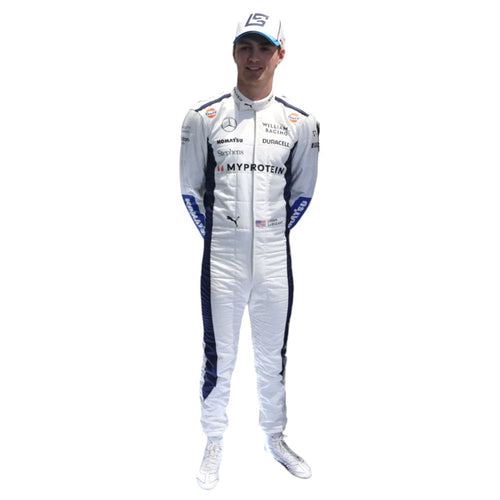 Full-length white Formula race suit with blue side panels and logo details