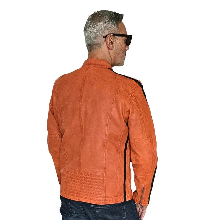 GrandPrix Originals Men's Lambskin Leather Racing Jacket - Olive/Gulf Blue/Orange